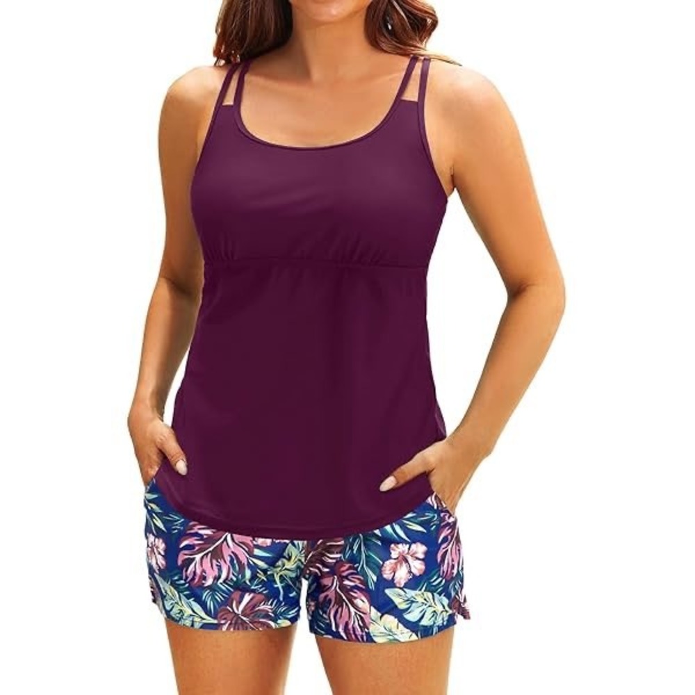 Tempt Me Womens Large Burgundy Tankini Top & Floral Swim Shorts Set NWT